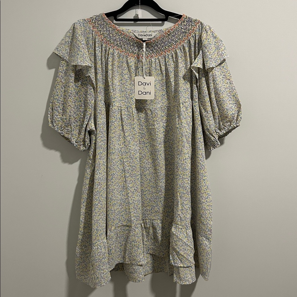 DAVI & DANI Light Blue and Yellow Floral Smocked Neck Women’s Dress